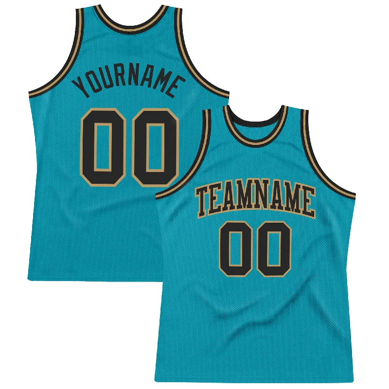 Basketball Jersey with Embroidered Name-Custom Teal Black-Old Gold Authentic Throwback Basketball Jersey