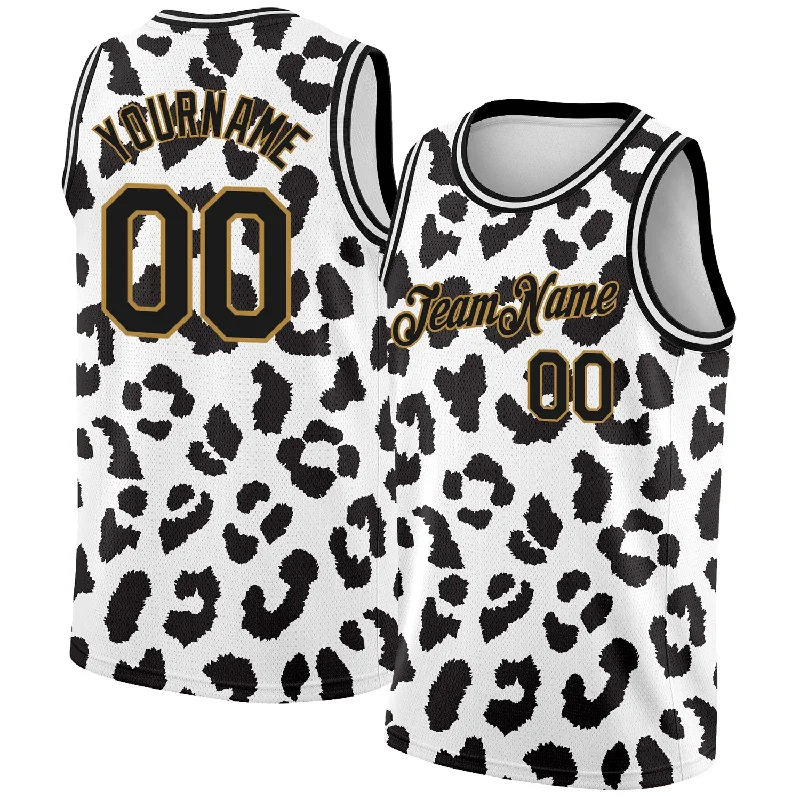 Basketball Jersey for Adult Teams-Custom White Black-Old Gold 3D Pattern Design Leopard Print Authentic Basketball Jersey