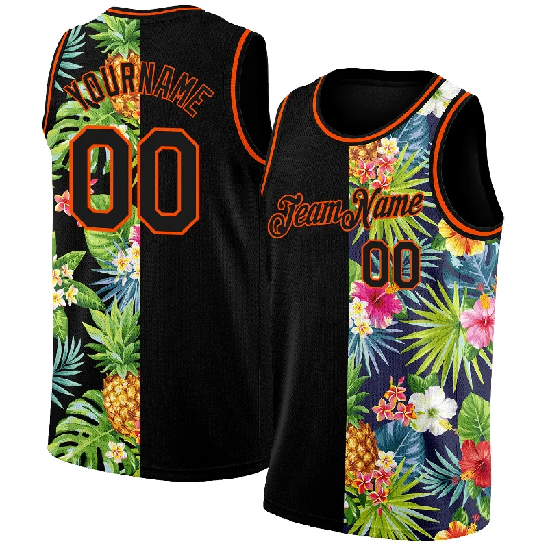 Basketball Jersey with Performance Fit-Custom Black Orange 3D Pattern Tropical Pineapples Hawaii Palm Leaves And Flowers Authentic Basketball Jersey