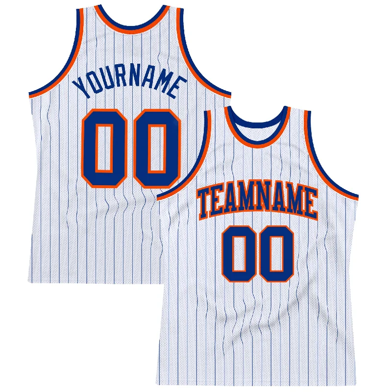 Basketball Jersey for Family Games-Custom White Royal Pinstripe Royal-Orange Authentic Basketball Jersey