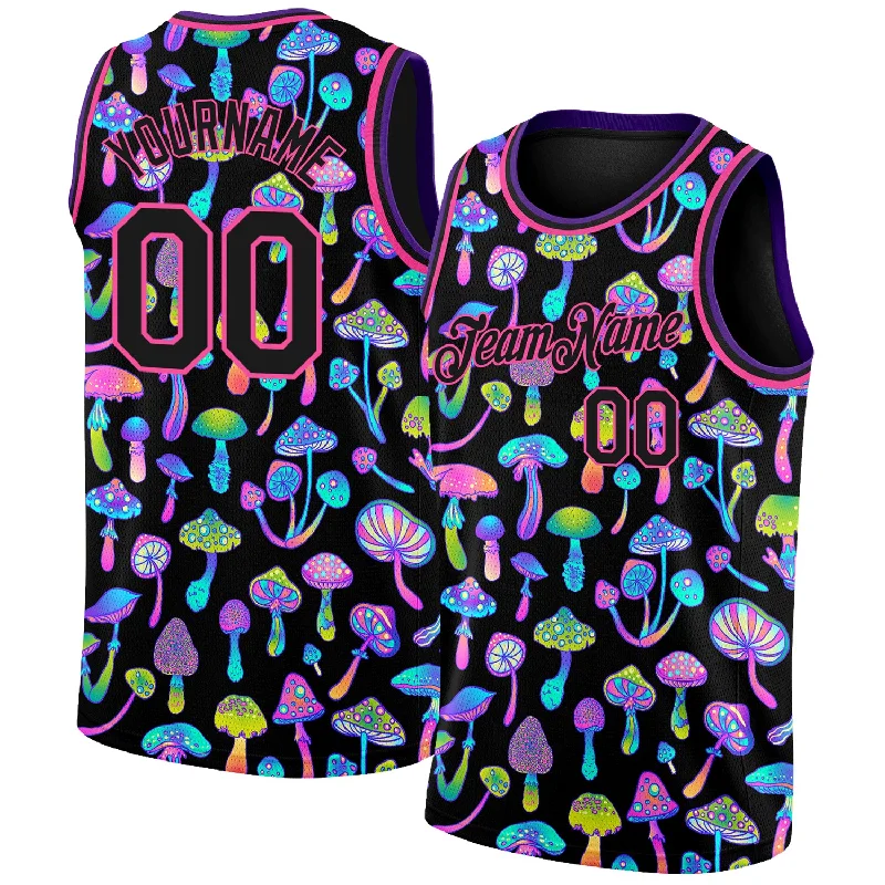 Basketball Jersey with Name-Custom Black Pink 3D Pattern Design Magic Mushrooms Psychedelic Hallucination Authentic Basketball Jersey