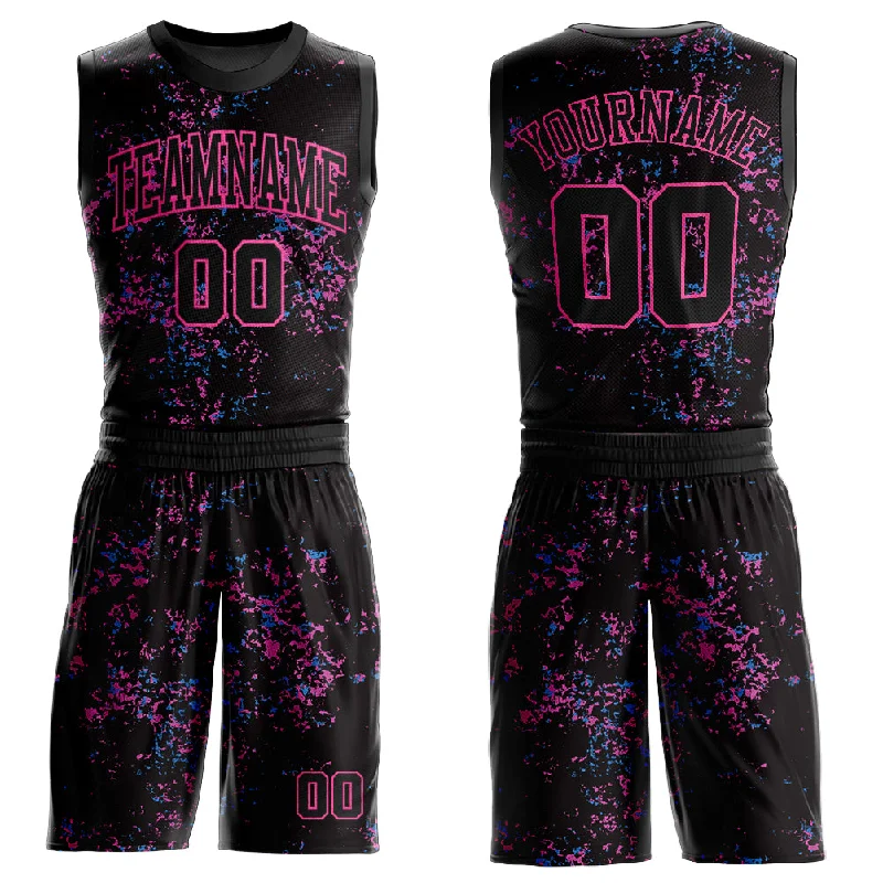 Basketball Jersey for Vintage Players-Custom Black Pink Round Neck Sublimation Basketball Suit Jersey