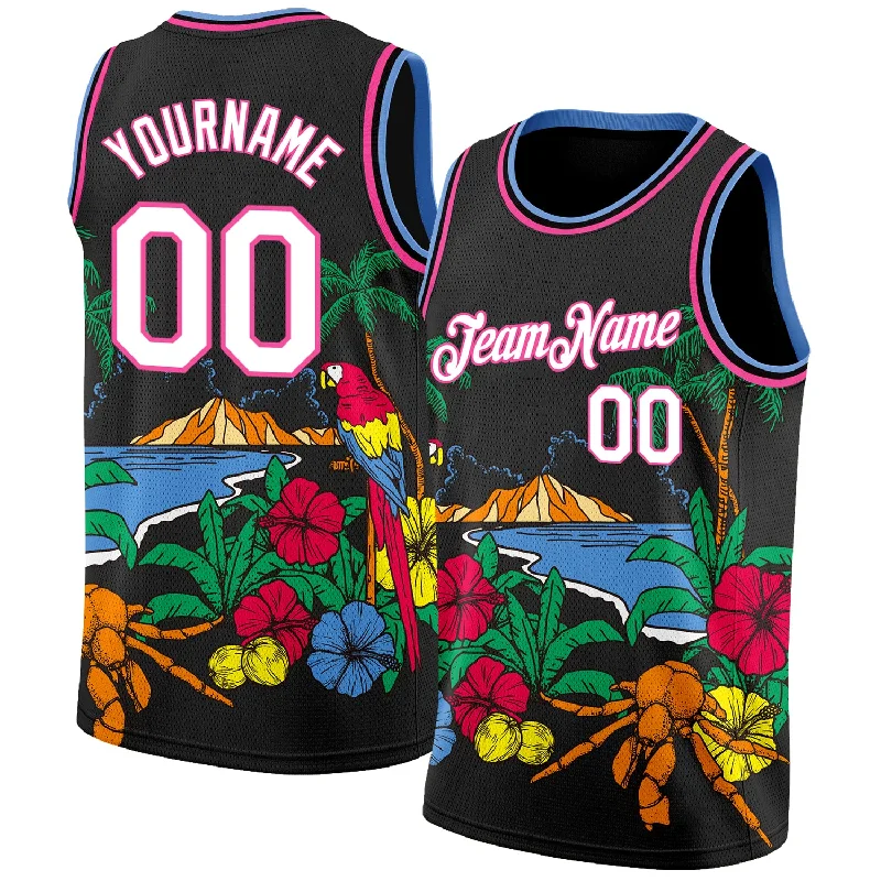 Basketball Jersey for Amateur Teams-Custom Black White Pink-Light Blue 3D Pattern Tropical Beach Hawaii Palm Trees Authentic Basketball Jersey