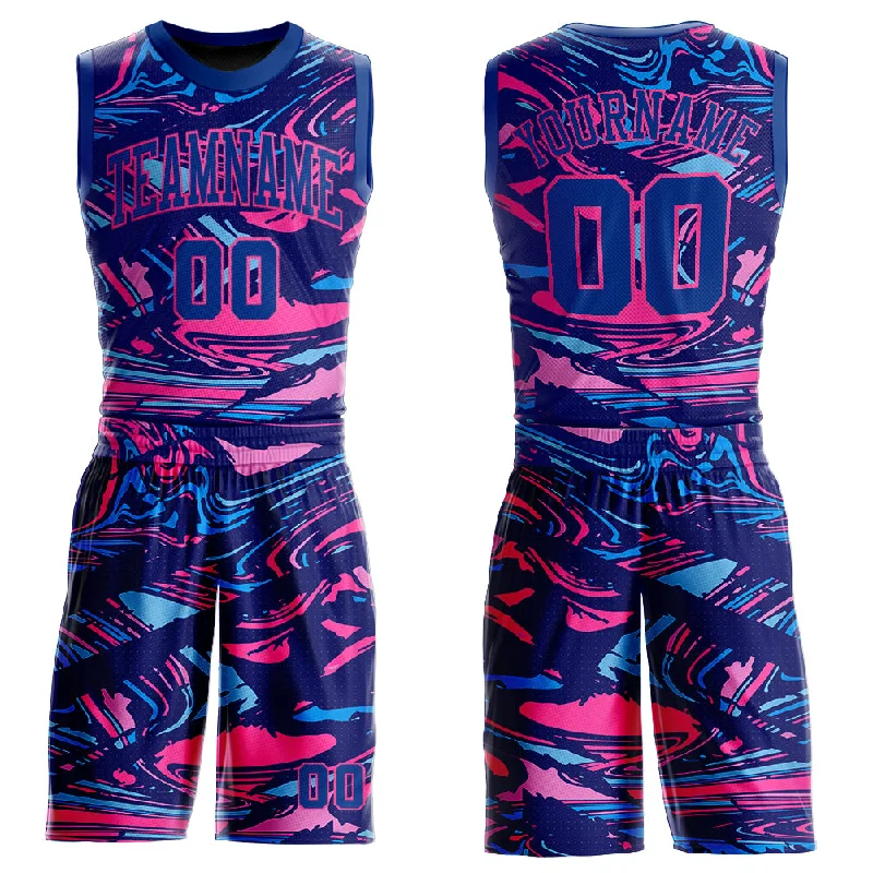 Basketball Jersey with Custom Patches-Custom Figure Royal-Pink Round Neck Sublimation Basketball Suit Jersey