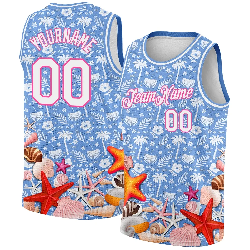 Basketball Jersey for Softball Leagues-Custom Light Blue White-Pink 3D Pattern Hawaii Palm Trees And Starfishes Authentic Basketball Jersey