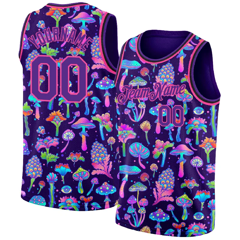 Custom Basketball Jersey for Sports Fans-Custom Purple Pink 3D Pattern Design Flowers And Mushrooms Psychedelic Hallucination Authentic Basketball Jersey