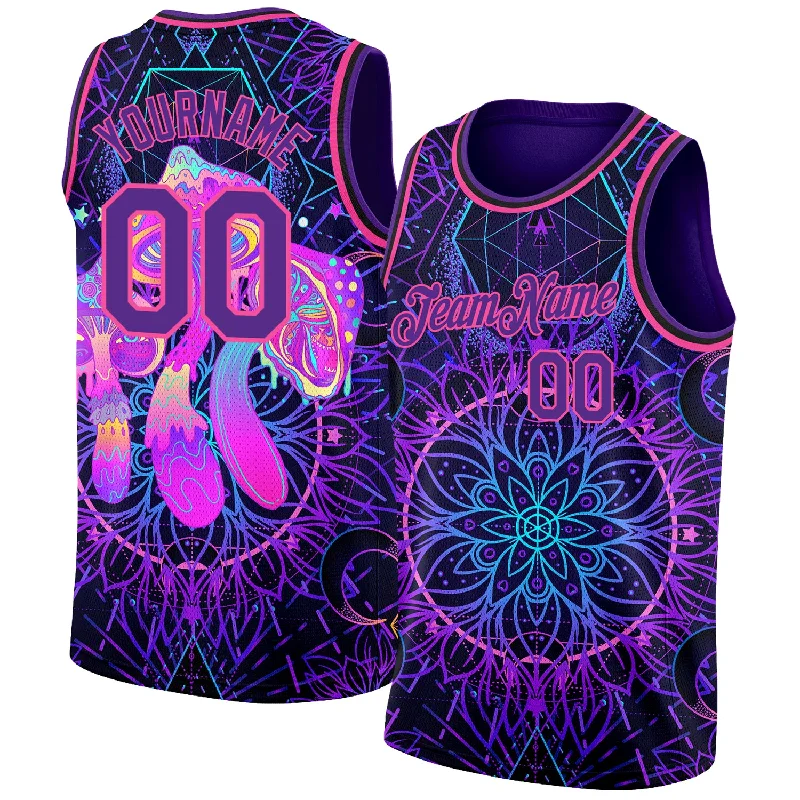 Basketball Jersey with Embellished Logos-Custom Purple Pink 3D Pattern Design Magic Mushrooms Over Sacred Geometry Psychedelic Hallucination Authentic Basketball Jersey