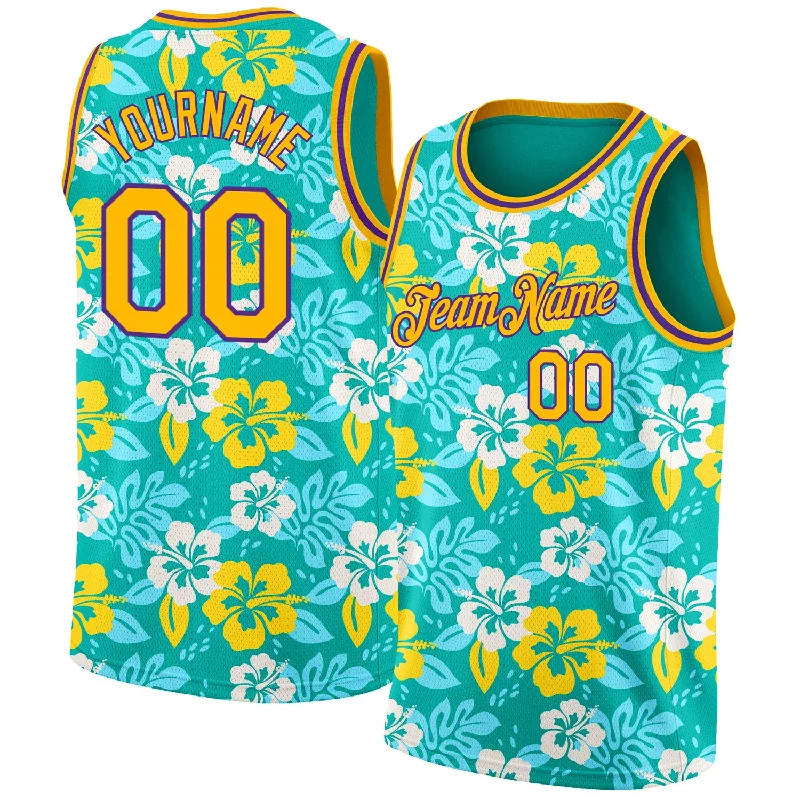 Basketball Jersey for Spring Games-Custom Aqua Gold-Purple 3D Pattern Hawaii Flowers Authentic Basketball Jersey