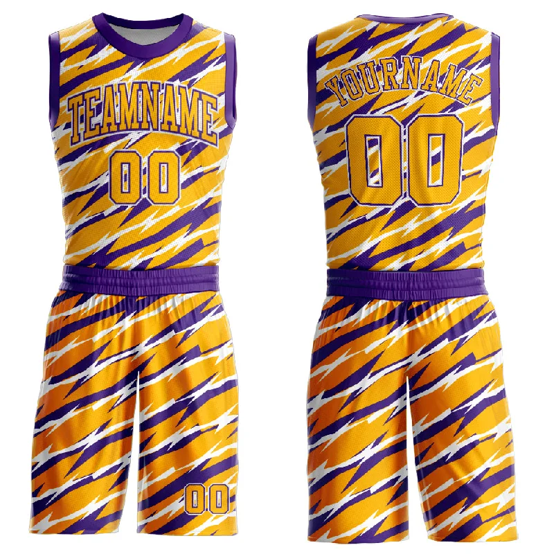 Basketball Jersey for School Teams-Custom Gold Purple-White Round Neck Sublimation Basketball Suit Jersey