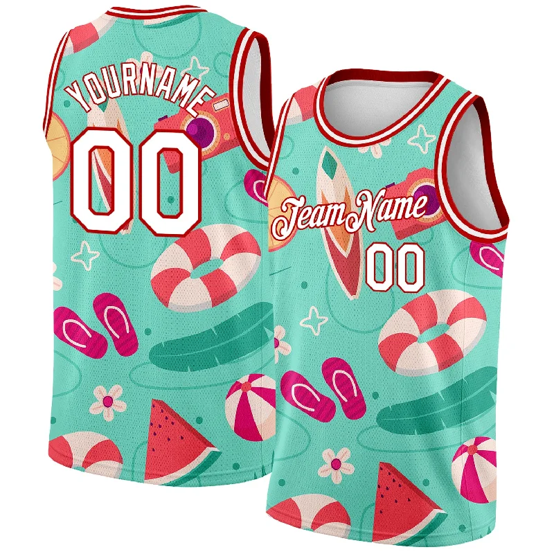 Unique Basketball Jersey-Custom Aqua White-Red 3D Pattern Tropical Hawaii Beach Authentic Basketball Jersey