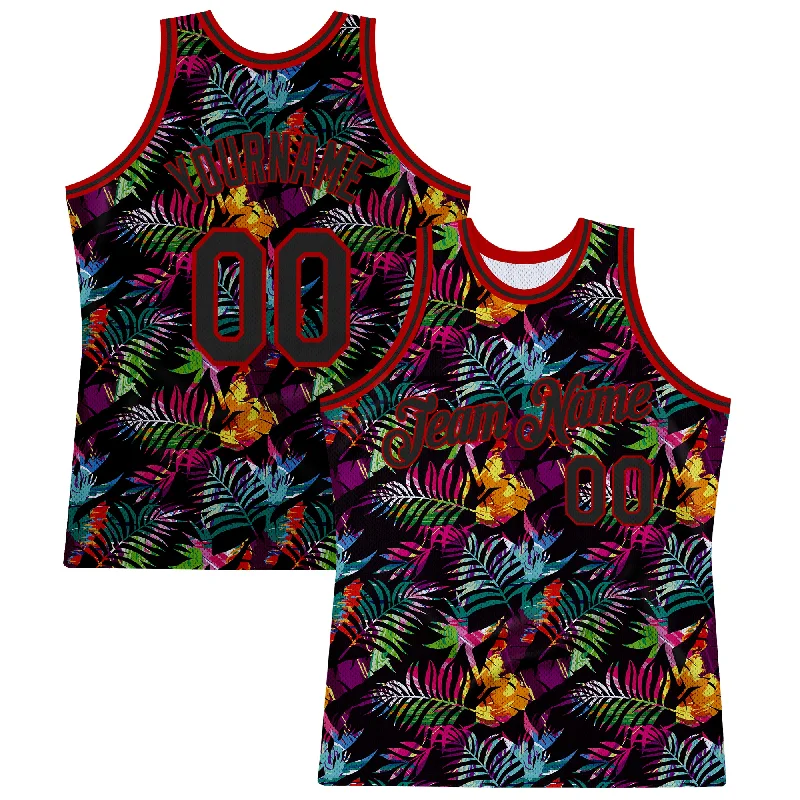 Basketball Jersey for Fan Club Members-Custom Black Black-Red 3D Pattern Tropical Hawaii Palm Leaves Authentic Basketball Jersey