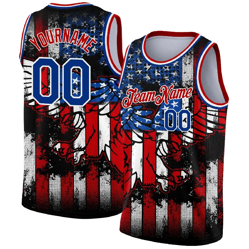 Personalized Basketball Jersey for Tournament-Custom Black Royal-Red 3D Eagle American Flag Authentic Basketball Jersey