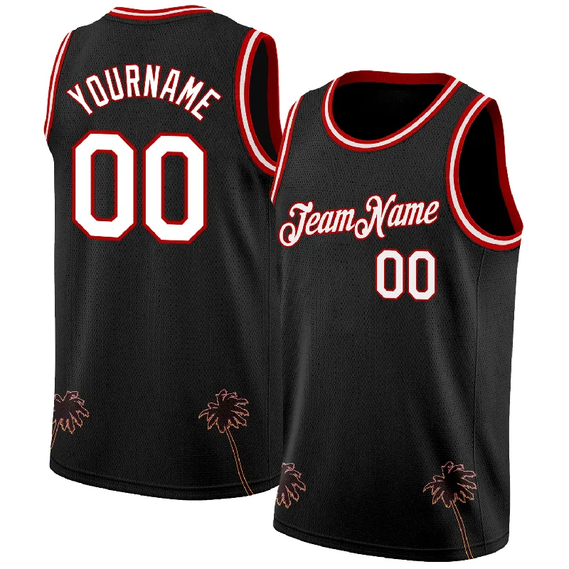 Basketball Jersey with Bold Graphics-Custom Black White-Red 3D Pattern Hawaii Palm Trees Authentic Basketball Jersey