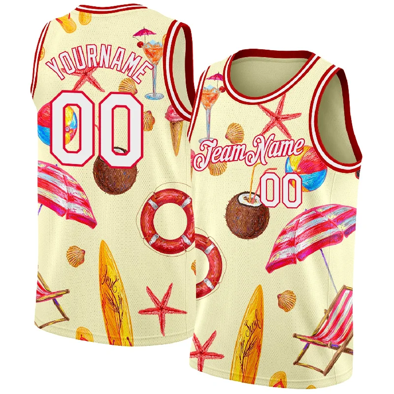 Basketball Jersey with Numbered Sleeves-Custom Cream White-Red 3D Pattern Tropical Hawaii Beach Authentic Basketball Jersey