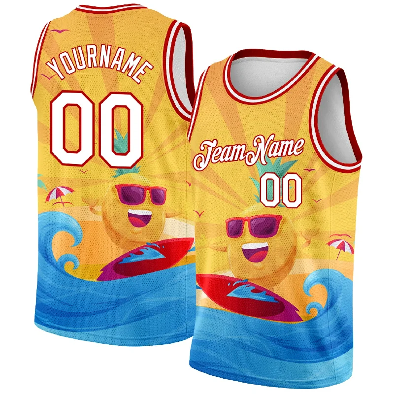 Basketball Jersey with Button Closure-Custom Gold White-Red 3D Pattern Summer Beach Surfing Authentic Basketball Jersey