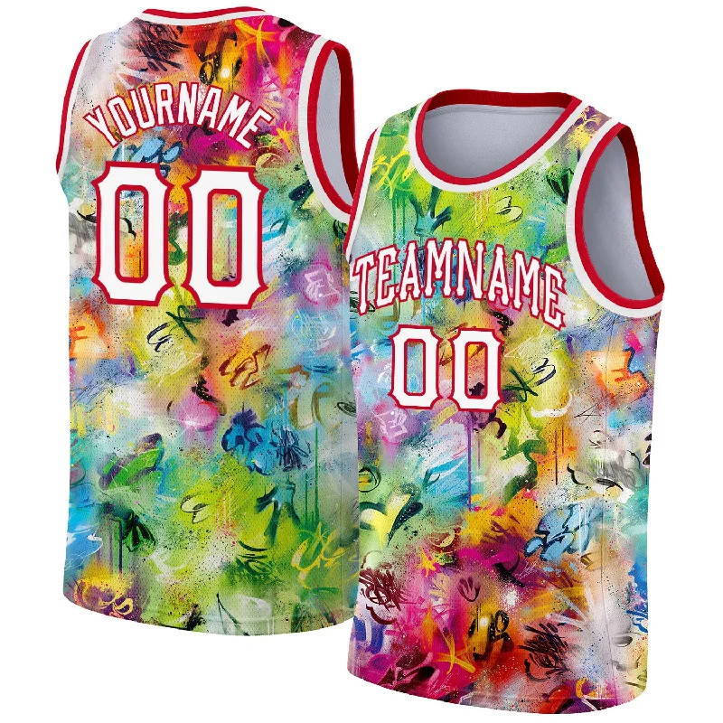 Basketball Jersey with Flag Design-Custom Scratch Graffiti Pattern White-Red 3D Authentic Basketball Jersey