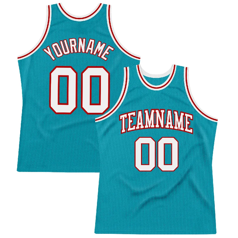 Basketball Jersey for Kids with Name-Custom Teal White-Red Authentic Throwback Basketball Jersey