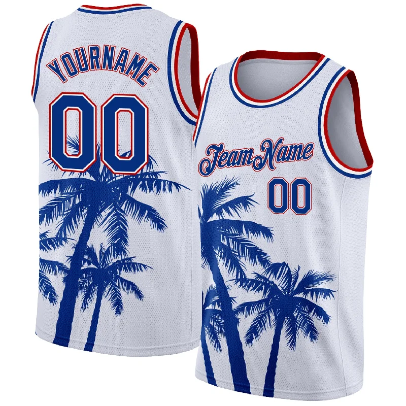 Basketball Jersey for Local Teams-Custom White Royal-Red 3D Pattern Tropical Hawaii Coconut Trees Authentic Basketball Jersey