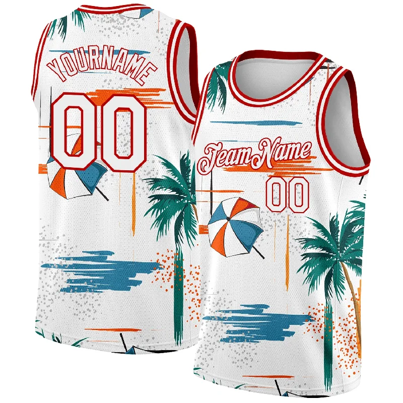 Custom Basketball Jersey with Patches-Custom White Red 3D Pattern Tropical Beach Hawaii Palm Trees Authentic Basketball Jersey