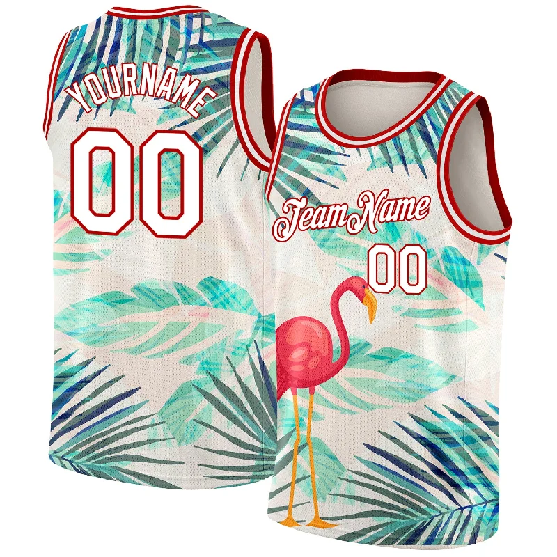 Basketball Jersey for College Teams-Custom White Red 3D Pattern Tropical Hawaii Leaves And Flamingo Authentic Basketball Jersey