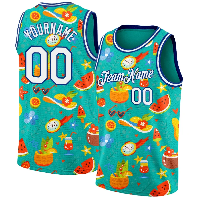 Basketball Jersey with Retro Colors-Custom Aqua White-Royal 3D Pattern Summer Hawaii Beach Holiday Authentic Basketball Jersey