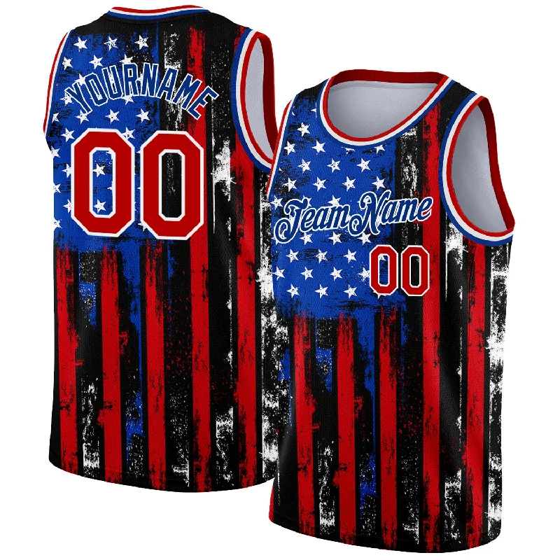 Basketball Jersey for Kids with Name-Custom Black Red-Royal 3D American Flag Fashion Authentic Basketball Jersey