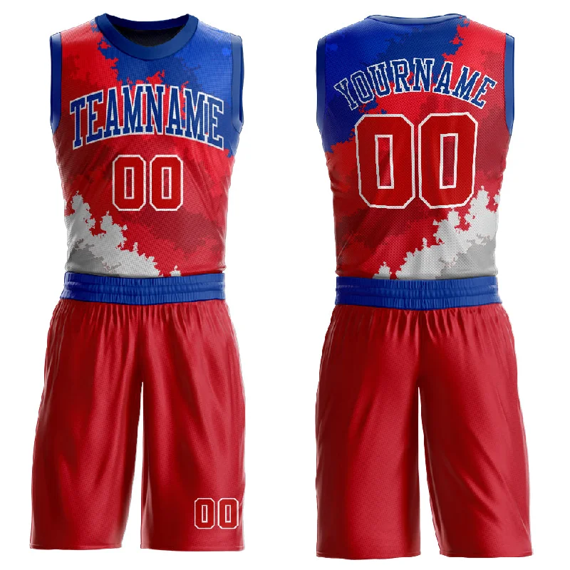 Basketball Jersey with Bold Lettering-Custom Figure Red-Royal Round Neck Sublimation Basketball Suit Jersey