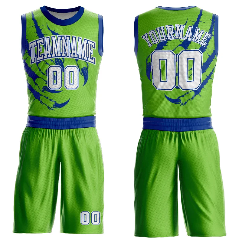 Basketball Jersey with Elastic Waist-Custom Neon Green White-Royal Animals Claws Round Neck Sublimation Basketball Suit Jersey