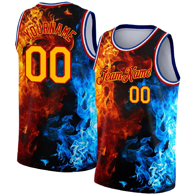 Retro Custom Basketball Jersey-Custom Red Gold-Royal 3D Pattern Design Flame Authentic Basketball Jersey