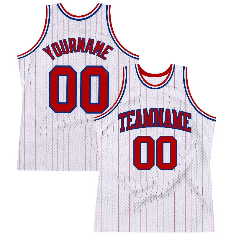 Basketball Jersey with Seasonal Design-Custom White Red Pinstripe Red-Royal Authentic Basketball Jersey