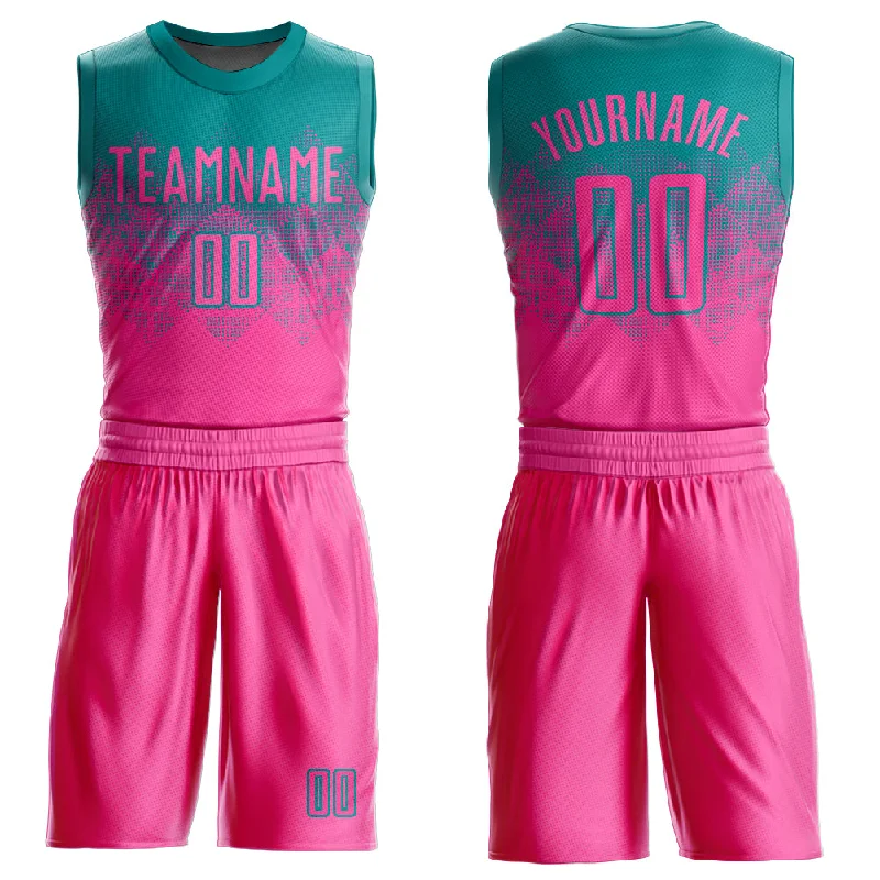 Basketball Jersey with Short Sleeves-Custom Teal Pink Round Neck Sublimation Basketball Suit Jersey