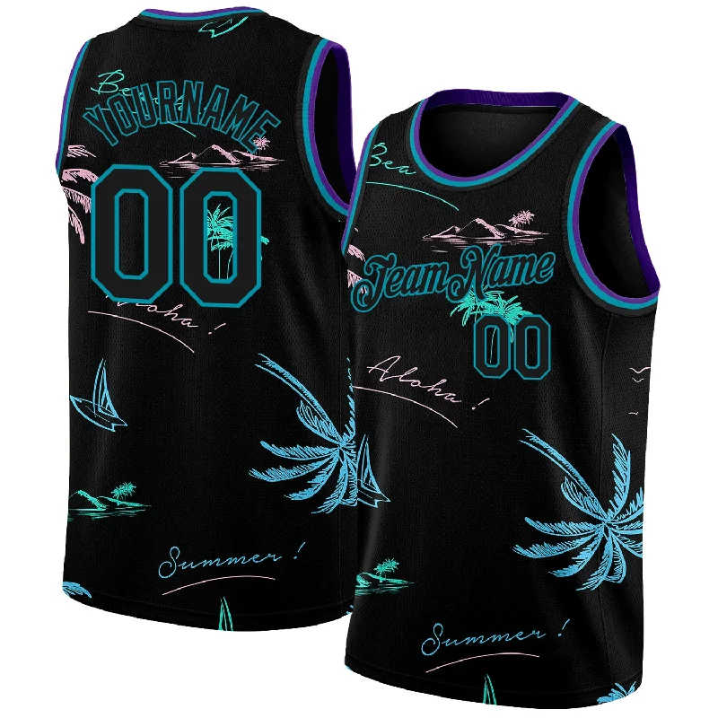 Basketball Jersey with Sleeve Stripes-Custom Black Teal 3D Pattern Tropical Hawaii Palm Trees Authentic Basketball Jersey