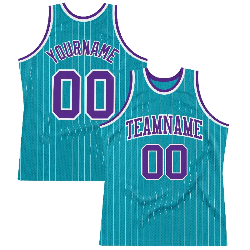 Basketball Jersey with Signature Design-Custom Teal White Pinstripe Purple Authentic Basketball Jersey