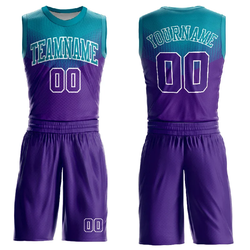 Custom Basketball Jersey for Fans-Custom Purple Teal-White Round Neck Sublimation Basketball Suit Jersey