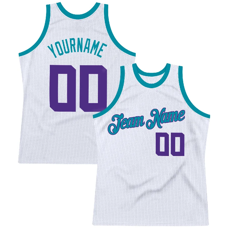 Custom Basketball Jersey with Full Name-Custom White Purple-Teal Authentic Throwback Basketball Jersey