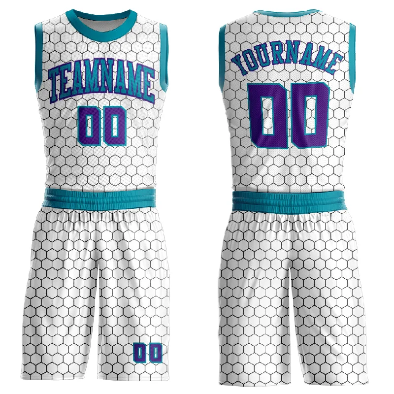 Basketball Jersey with Adjustable Fit-Custom White Purple-Teal Round Neck Sublimation Basketball Suit Jersey