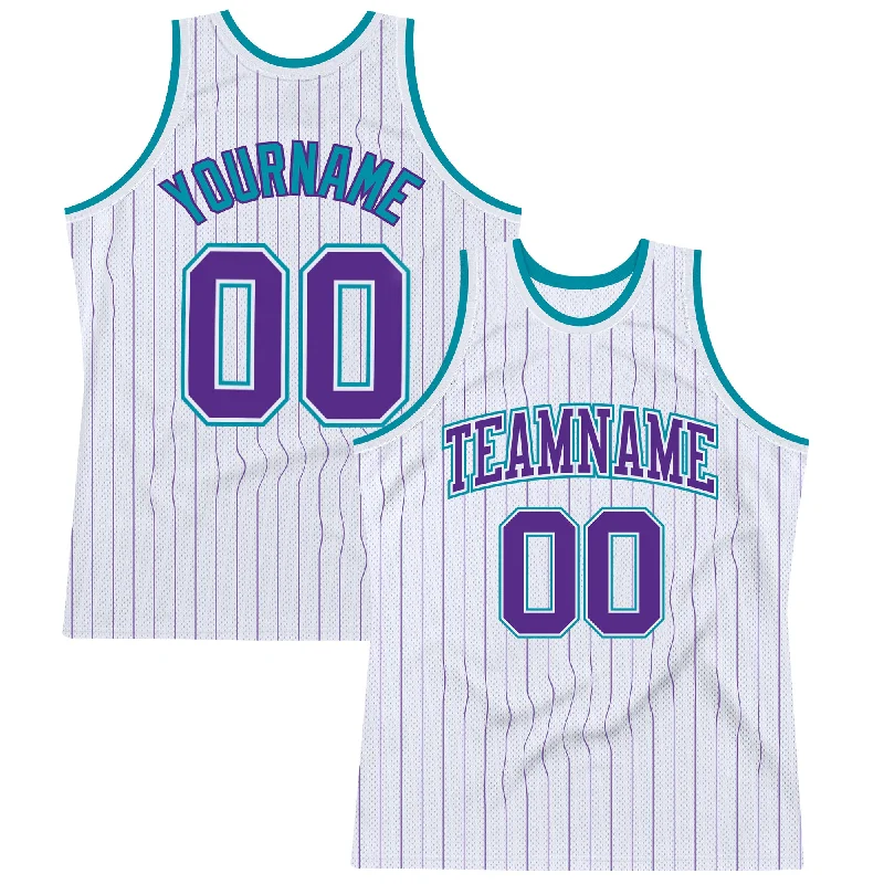 Basketball Jersey with Custom Logo-Custom White Purple Pinstripe Purple-Teal Authentic Basketball Jersey