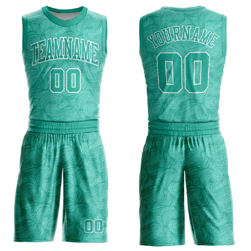 Basketball Jersey for Young Fans-Custom Aqua White Round Neck Sublimation Basketball Suit Jersey