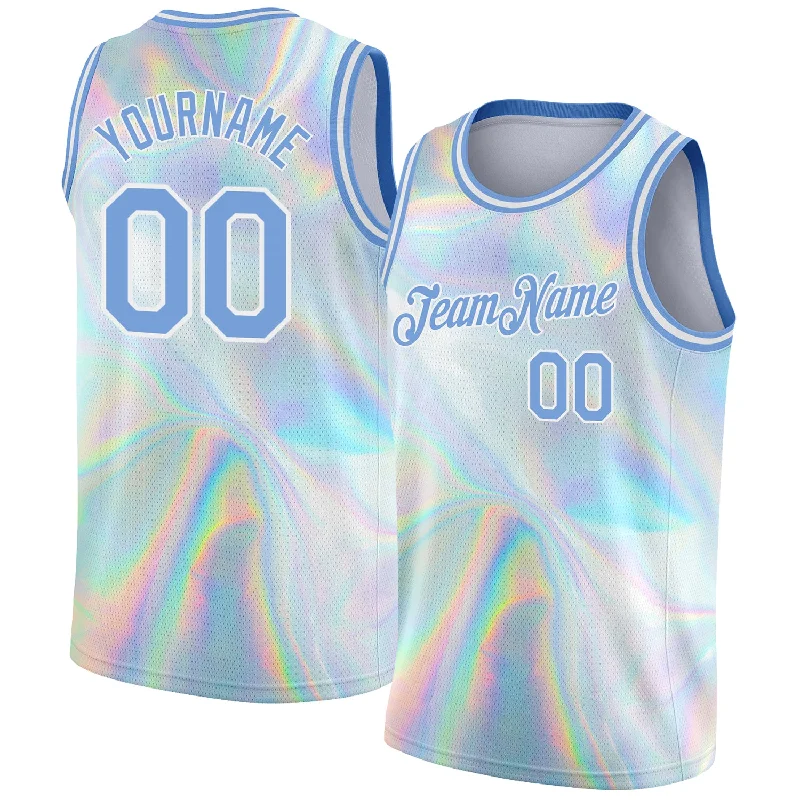 Basketball Jersey for Amateur League-Custom White Light Blue 3D Pattern Design Abstract Trendy Holographic Vaporwave Style Authentic Basketball Jersey