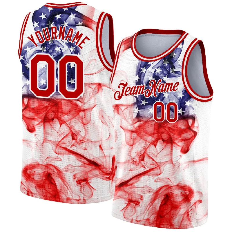 Basketball Jersey with Player Number Design-Custom White Red 3D American Flag Fashion Authentic Basketball Jersey