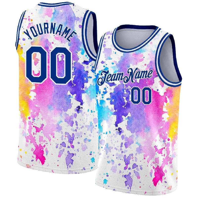 Basketball Jersey for Basketball Families-Custom White Royal 3D Pattern Design Watercolor Splash Authentic Basketball Jersey