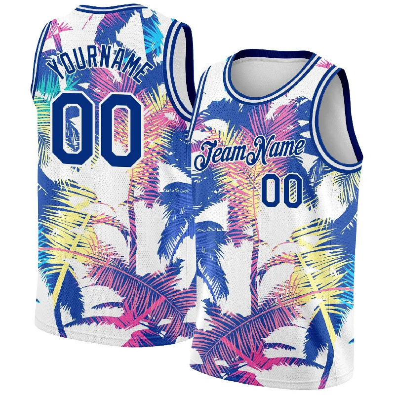 Basketball Jersey with Modern Design-Custom White Royal 3D Pattern Tropical Hawaii Palm Trees Authentic Basketball Jersey