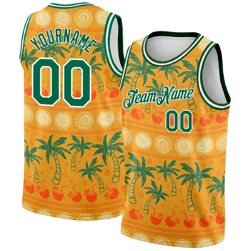 Custom Basketball Jersey with Logo Design-Custom Bay Orange Kelly Green-White 3D Pattern Hawaii Beach Palm Trees Authentic Basketball Jersey