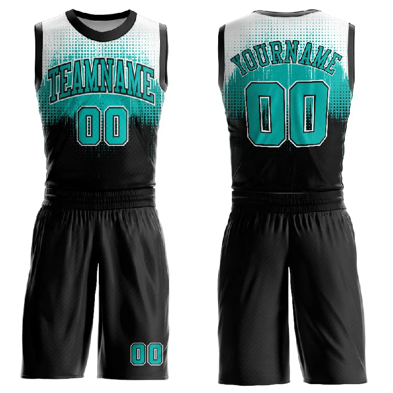 Basketball Jersey with Player Number Design-Custom Black Aqua-White Round Neck Sublimation Basketball Suit Jersey