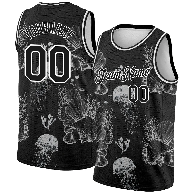 Basketball Jersey for Professional Teams-Custom Black White 3D Pattern Design Jellyfishes And Seashells Authentic Basketball Jersey