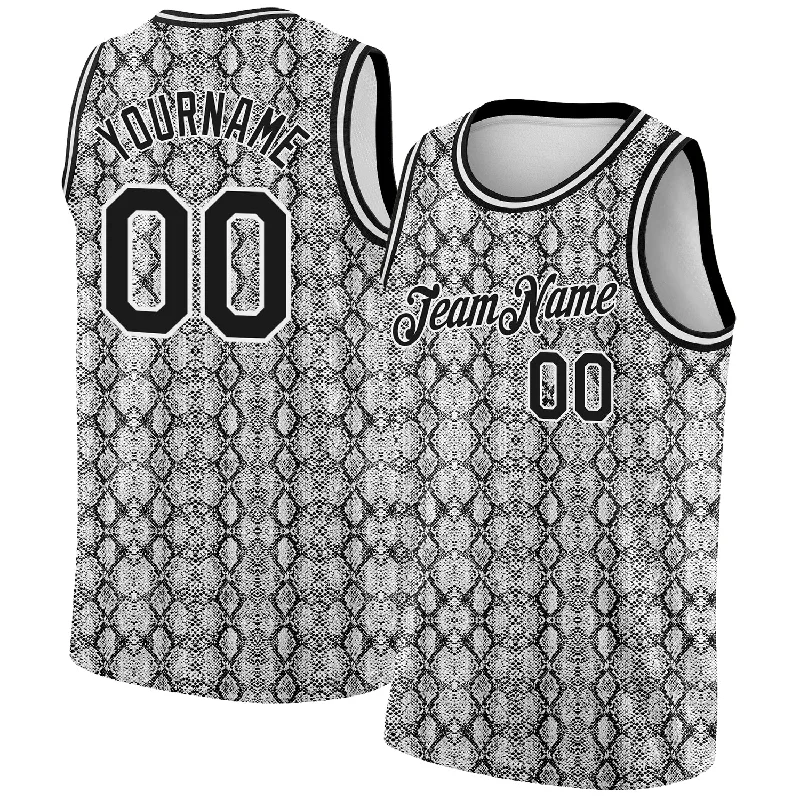 Basketball Jersey for School Clubs-Custom Black White 3D Pattern Design Snakeskin Authentic Basketball Jersey