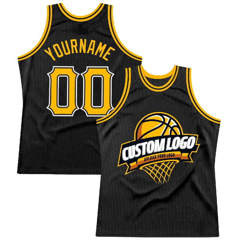 Basketball Jersey with Custom Sleeve Design-Custom Black Gold-White Authentic Throwback Basketball Jersey