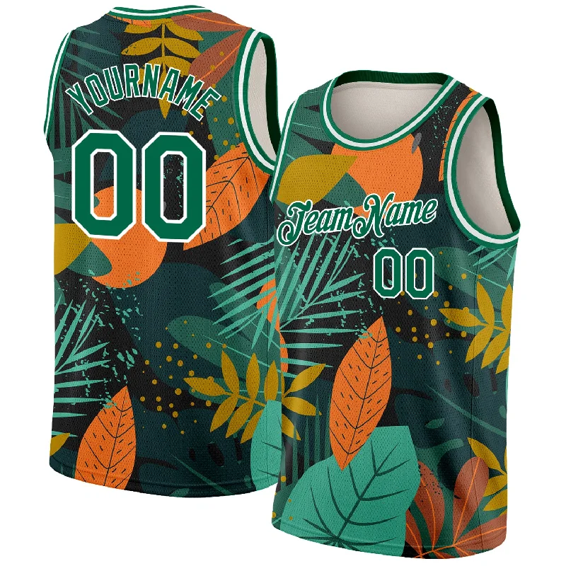 Personalized Basketball Jersey for Women-Custom Black Kelly Green-White 3D Pattern Tropical Hawaii Leaves Authentic Basketball Jersey