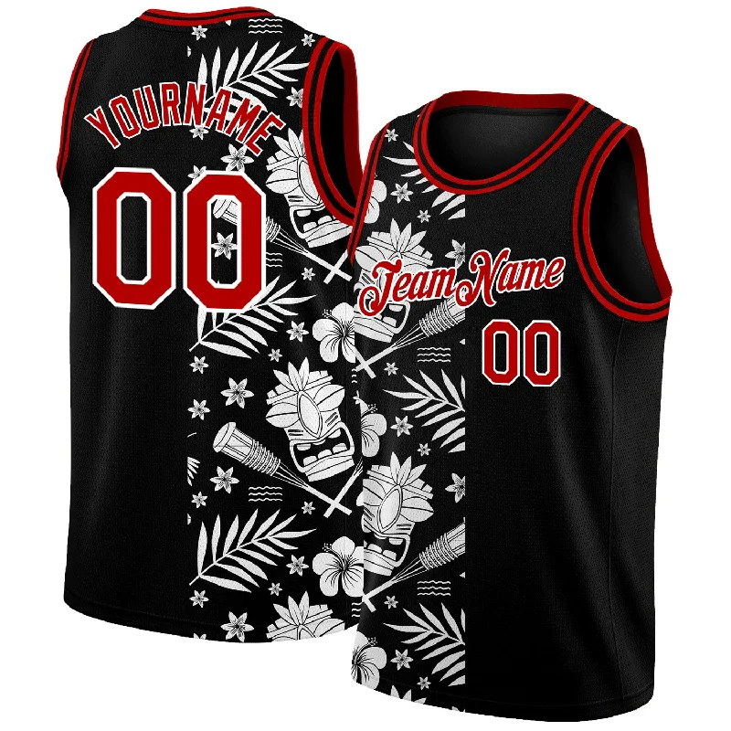 Basketball Jersey with Athletic Fit-Custom Black Red-White 3D Pattern Hawaii Palm Leaves Authentic Basketball Jersey