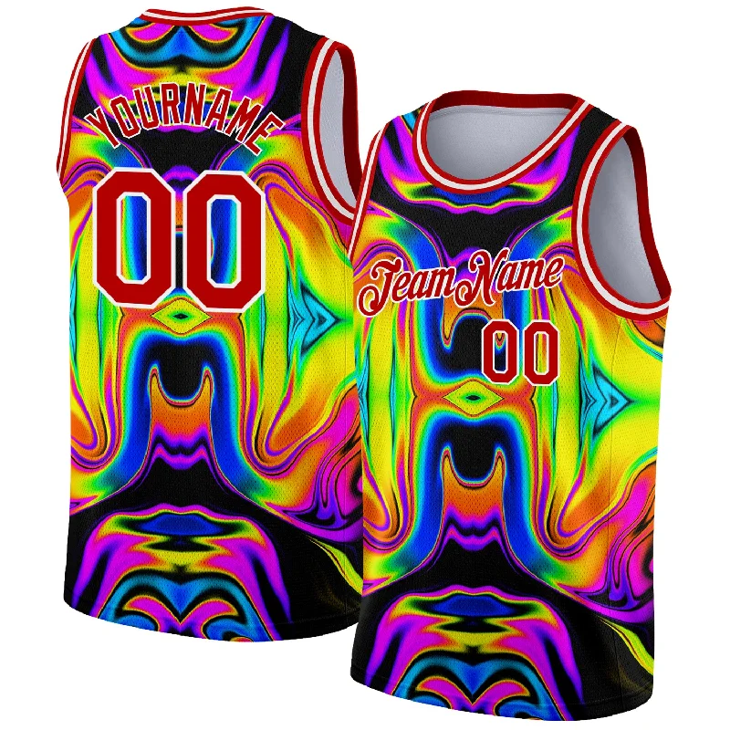 Basketball Jersey for Custom Orders-Custom Black Red-White 3D Pattern Design Abstract Iridescent Psychedelic Swirl Fluid Art Authentic Basketball Jersey